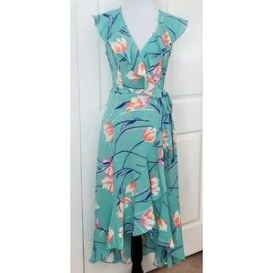 Donna Morgan Sz 2 Wrap Dress Mint Green Floral Design Hi Low Fit & Flare EUC